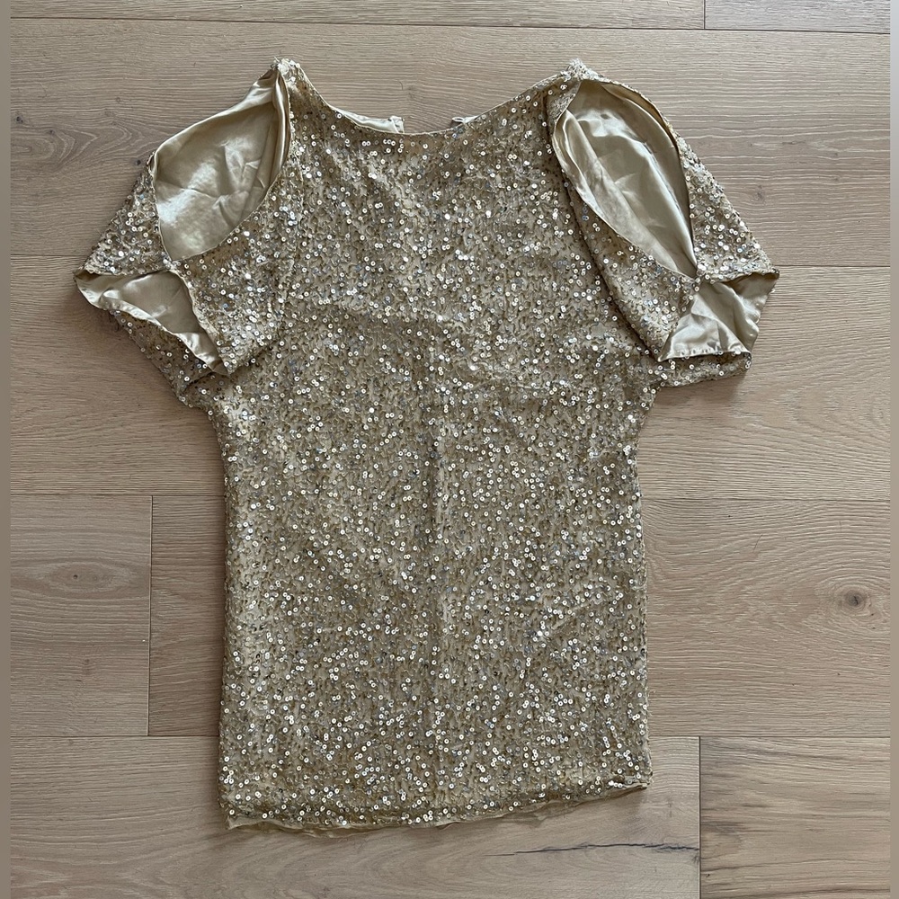 Aiden Mattox golden sequin cold shoulder 3/4 sleeve mini dress size 2